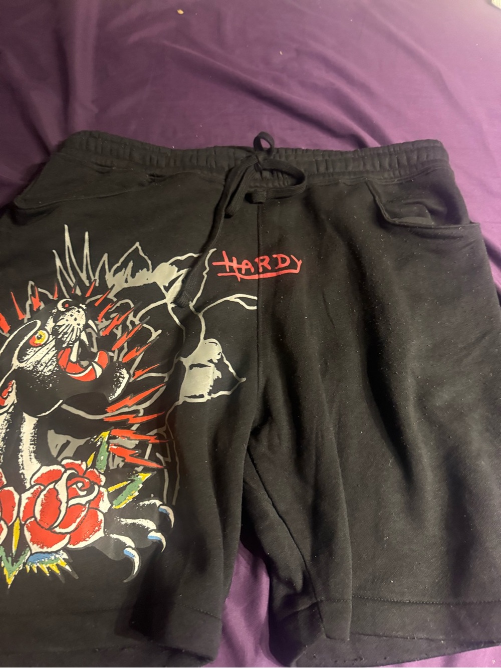 Ed Hardy Black Elastic-Waist Shorts with White Logo